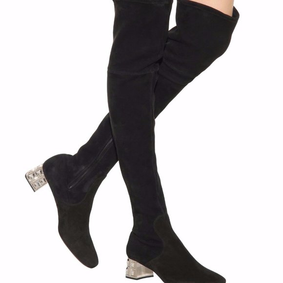 Miu Miu Shoes - Miu Miu Crystal Embellished Heel Suede OTK BOOTS